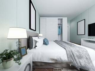 Fototapeta na wymiar elegant and modern bedroom design, big bed with overcoat cabinet