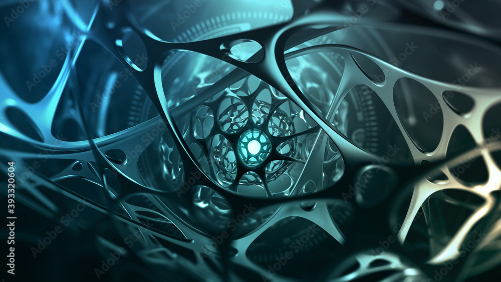 Poster AI concept. Sci-fi 3D illustration. Digital brain, mind and intertwining of synthetic neurons. Electrical impulses in a synthetic neural network. High technologies in world of future