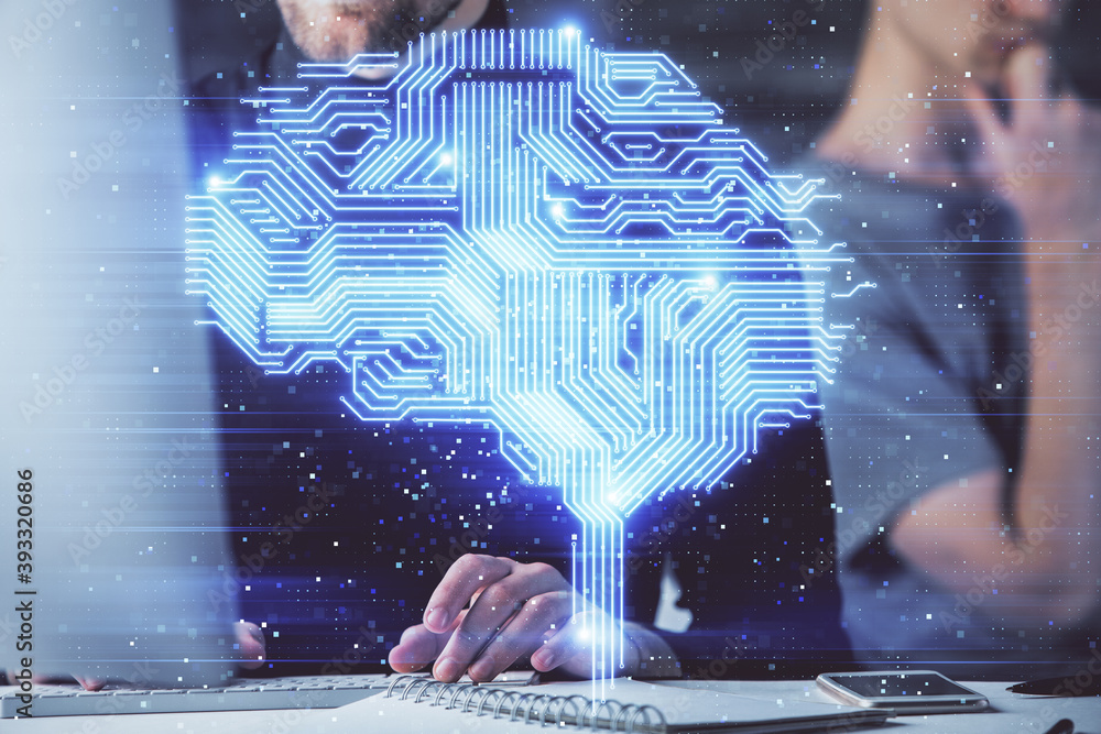 Poster businessman with computer background with brain theme hologram. concept of brainstorm. multi exposur