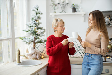 Mother and mature daughter at home. Christmas concept.