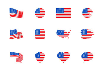 Flags of USA - flat collection. Flags of different shaped twelve flat icons.