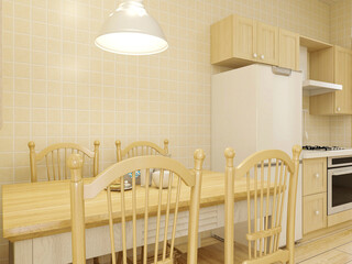 spacious dining room design next to the modern kitchen, with a beautiful dining table and greenery