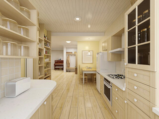 Modern family kitchen design, new cabinets and kitchenware with refrigerators, sunlight from the window.