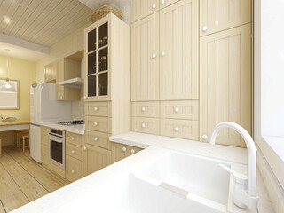 Modern family kitchen design, new cabinets and kitchenware with refrigerators, sunlight from the window.