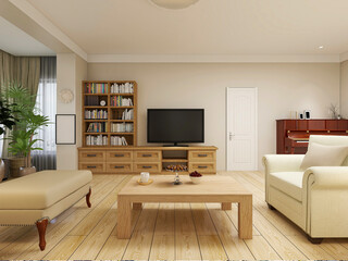 spacious living room design of modern residence, with sofa, tea table, decorative painting, etc