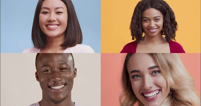 Creative collage of young playful diverse people smiling and winking at camera over colorful background