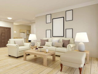 spacious living room design of modern residence, with sofa, tea table, decorative painting, etc