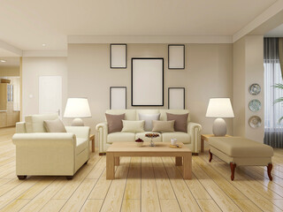 Obraz premium spacious living room design of modern residence, with sofa, tea table, decorative painting, etc