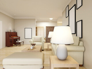 spacious living room design of modern residence, with sofa, tea table, decorative painting, etc