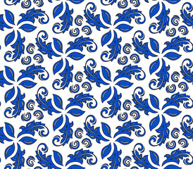 Floral vector ornament. Seamless abstract classic background with navy blue leaves. Pattern with repeating floral elements. Ornament for fabric, wallpaper and packaging