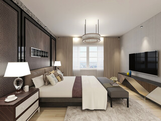 The bedroom of modern design has bed, treadmill inside