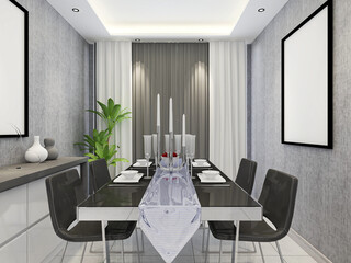 spacious dining room design next to the modern kitchen, with a beautiful dining table and greenery