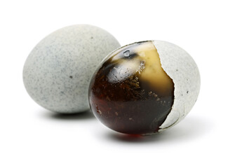 preserved duck eggs on white background