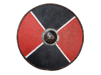 A round wooden shield with a metal boss in the centre. 