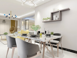 spacious dining room design next to the modern kitchen, with a beautiful dining table and greenery