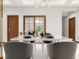 spacious dining room design next to the modern kitchen, with a beautiful dining table and greenery