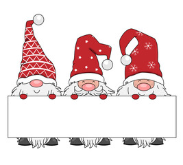 Christmas card. Three gnomes with a blank sign. Isolated vector