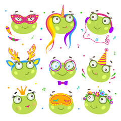 Set of charming frogs with decorative elements. A graphic template for post cards, banners, flyers, covers; textile or wallpaper for nursery. Creative design for holidays