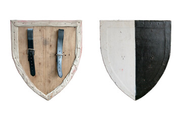 The front and back of a replica of a wooden medieval shield - obrazy, fototapety, plakaty