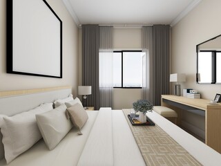 elegant and modern bedroom design, big bed with overcoat cabinet, coffee table