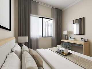 elegant and modern bedroom design, big bed with overcoat cabinet, coffee table
