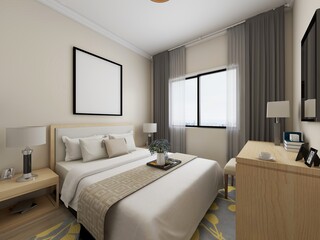 Fototapeta na wymiar elegant and modern bedroom design, big bed with overcoat cabinet, coffee table