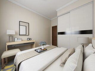 elegant and modern bedroom design, big bed with overcoat cabinet, coffee table