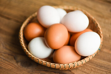 Chicken eggs and duck eggs collect from farm products natural in a basket healthy eating concept, Fresh egg.