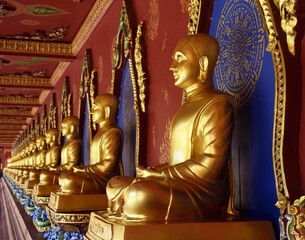 Religious attractions Buddha images lined up in the temple. For tourists to worship

