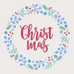 Christmas wreath with berry, leaves, snowflakes, fir branches, snow