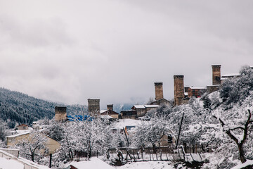 Winter landscapes of the high-altitude settlement of Mestia, Svaneti, Georgia. Swan towers. 