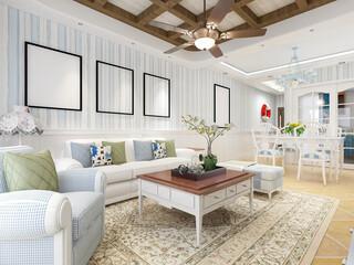 spacious living room design of modern residence, with sofa, tea table, decorative painting, etc
