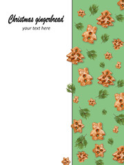 Christmas cookie pattern.Green seamless background.Winter holidays dessert decoration.Creative arrangement of gingerbread cookies and juniper twig collection isolated on light.Template for design.