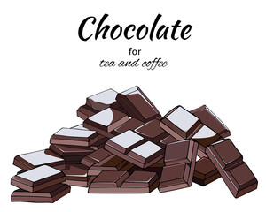Chocolate set of dark pieces and bars on a white background. Chocolate vector hand drawn illustration