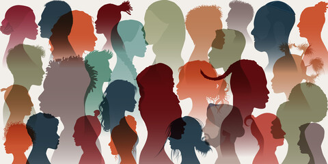Crowd. Silhouette side group of men women girl of diverse cultures. Diversity multi-ethnic people. Racial equality and anti-racism. Multicultural and multiracial society. Allyship. Race - obrazy, fototapety, plakaty