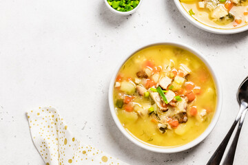 Instant pot split pea soup with smoked turkey. Space for text, top view.