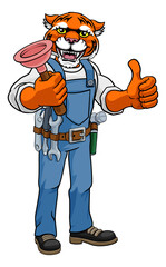 A tiger plumber cartoon mascot holding a toilet or sink plunger and giving a thumbs up