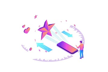 Feedback concept with 3d isometric star icon, customer rate product, client satisfaction survey, people review quality of service, purple vector illustration