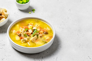 Creamy split pea soup with ham. Space for text.