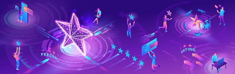 Feedback horizontal banner with 3d isometric star icon, customer rate product, client satisfaction survey, people review quality of service, purple vector illustration