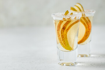 Spiced pear liqueur. Space for text.