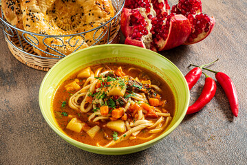 Laghman soup with meat and vegetables