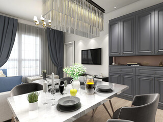 spacious dining room design next to the modern kitchen, with a beautiful dining table and greenery