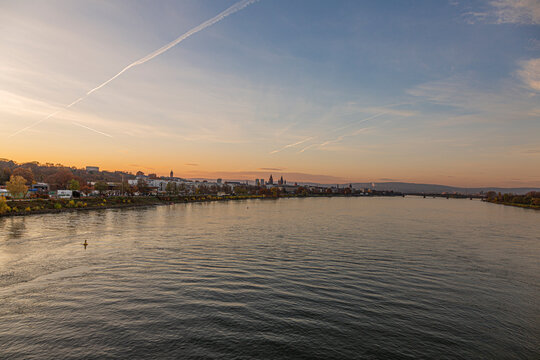 Panoramic picture over the river rhine and the German historic city of Mainz