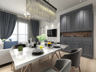 spacious dining room design next to the modern kitchen, with a beautiful dining table and greenery
