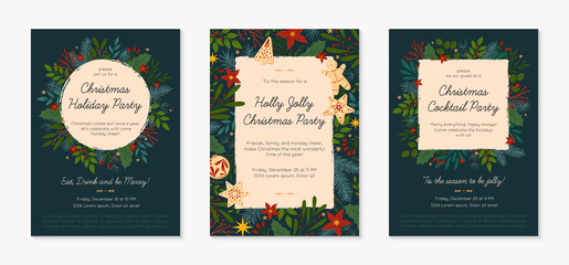 Bundle of Christmas and Happy New Year party invitations templates.Modern vector layouts with traditional winter holiday symbols.Xmas trendy designs for banners,invitations,prints,social media