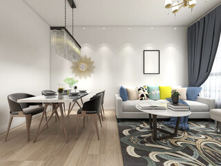 spacious living room design of modern residence, with sofa, tea table, decorative painting, etc