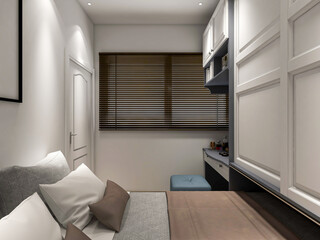  elegant and modern bedroom design, big bed with overcoat cabinet