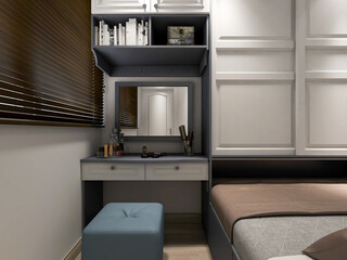  elegant and modern bedroom design, big bed with overcoat cabinet