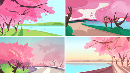 Sceneries with blooming sakura. Beautiful spring landscapes.
